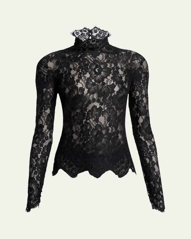 Turtleneck Sheer Lace Long-Sleeve Top